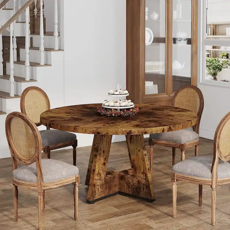 Round Dining Table for 4, 47 Inch Farmhouse Kitchen Table Small Dinner Table