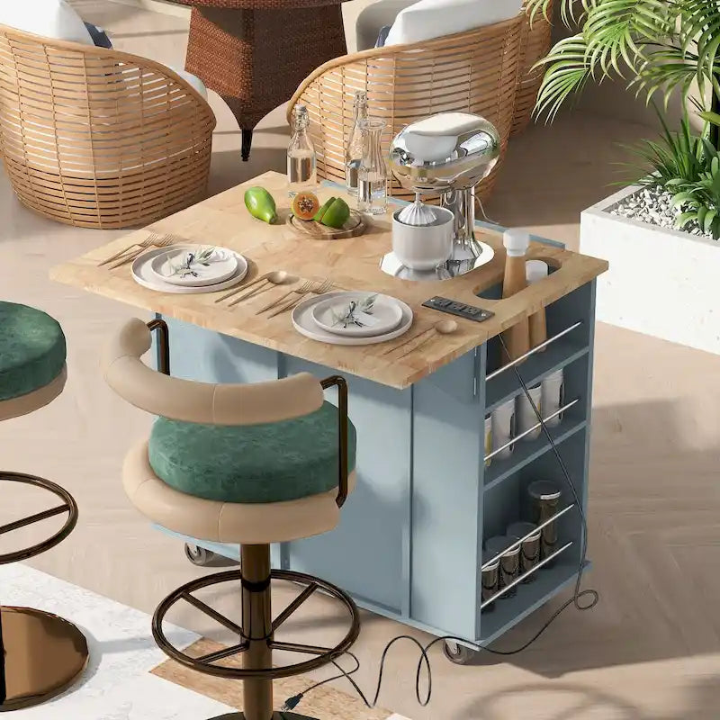 Kitchen Storage Island with Drop Leaf and Power Outlet For Dining Room