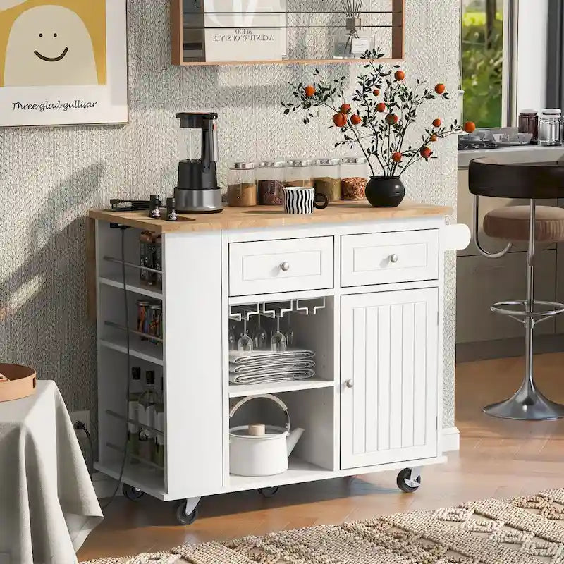 Kitchen Storage Island with Drop Leaf and Power Outlet For Dining Room