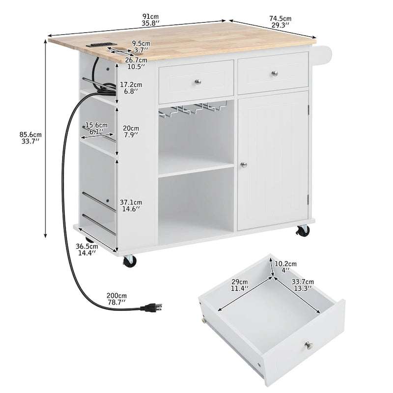 Kitchen Storage Island with Drop Leaf and Power Outlet For Dining Room