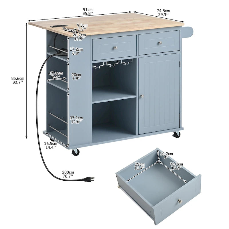 Kitchen Storage Island with Drop Leaf and Power Outlet For Dining Room