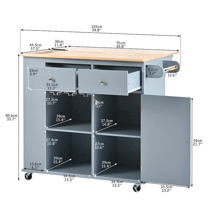 Kitchen Storage Island with Drop Leaf and Power Outlet For Dining Room