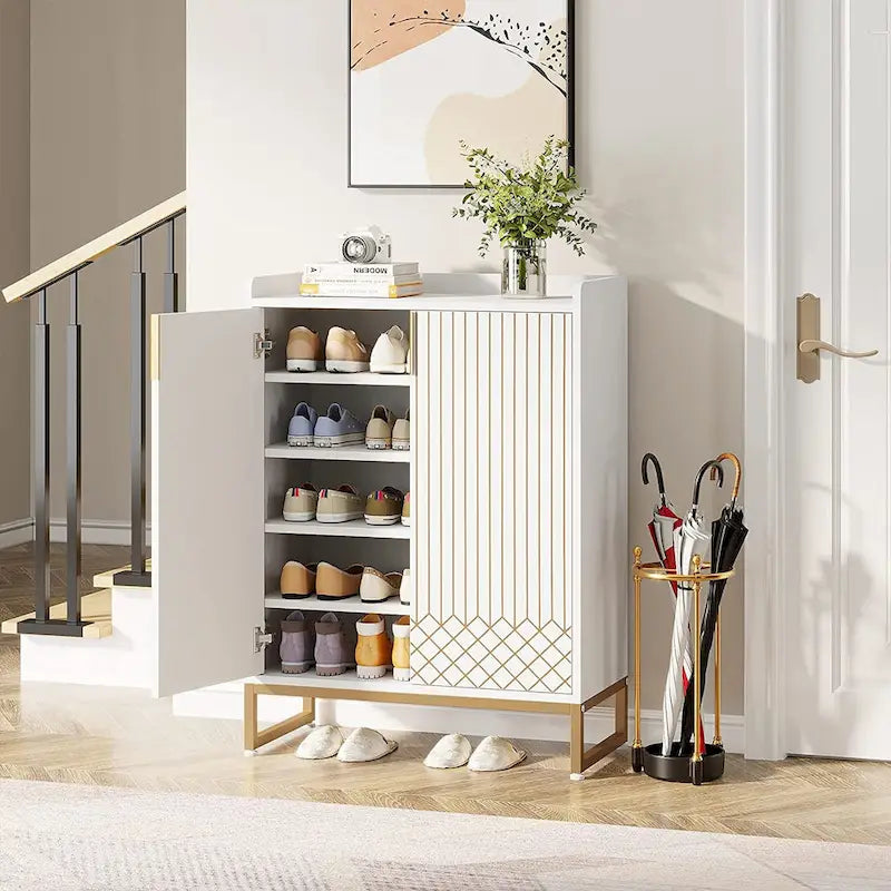 5 Tier Shoe Cabinet with Doors 25 Pairs White Wood Shoes Organizer