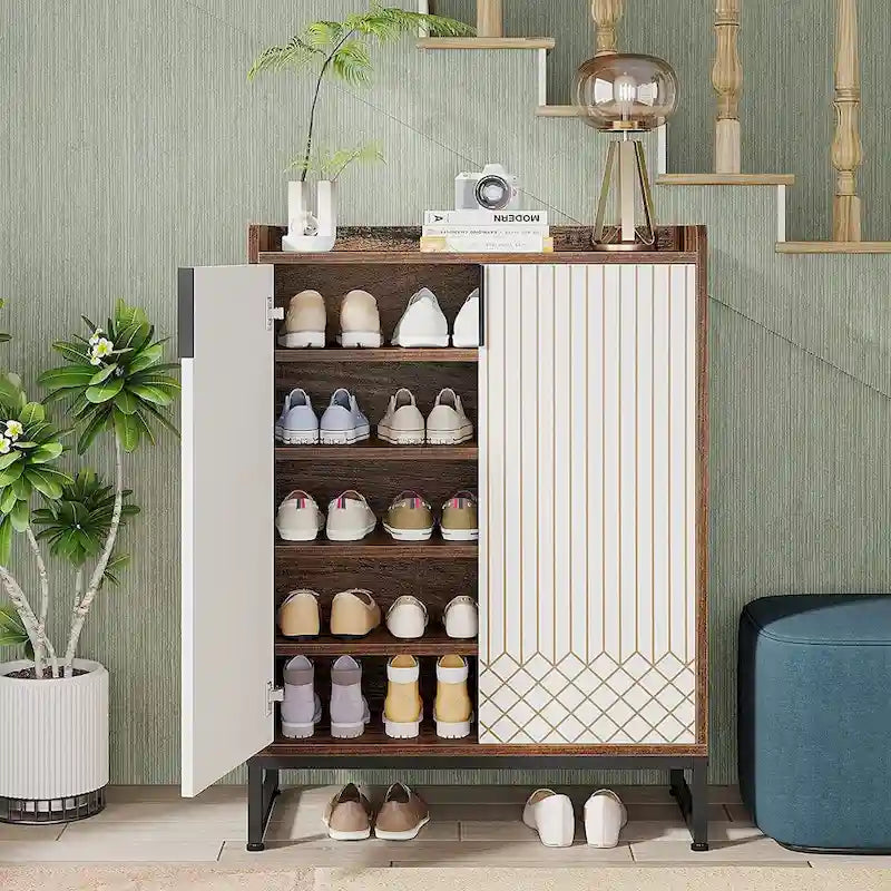 5 Tier Shoe Cabinet with Doors 25 Pairs White Wood Shoes Organizer