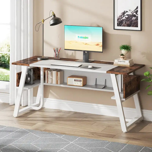63 inch Large Executive Desk Office Desk with Storage Shelf for Home Office, Rustic Brown Black