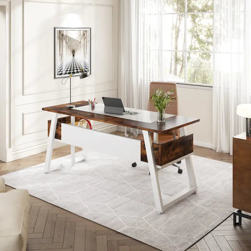 63 inch Large Executive Desk Office Desk with Storage Shelf for Home Office, Rustic Brown Black