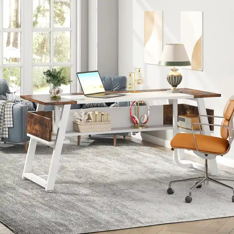 63 inch Large Executive Desk Office Desk with Storage Shelf for Home Office, Rustic Brown Black