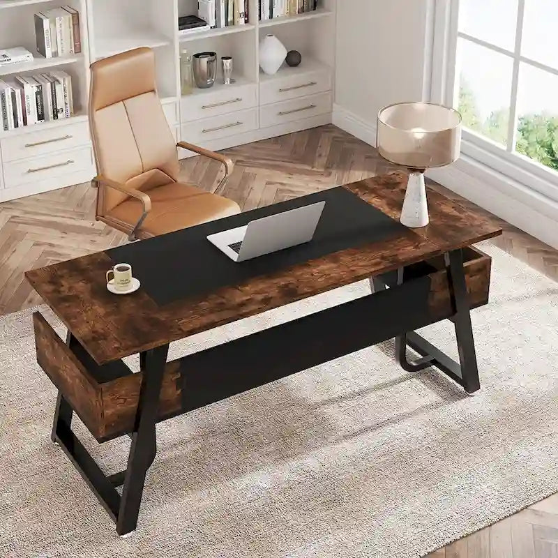 63 inch Large Executive Desk Office Desk with Storage Shelf for Home Office, Rustic Brown Black