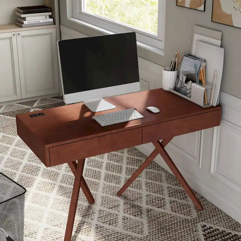 Foli Transitional 47-inch Wood 2-Drawer Desk with USBs and Power Outlets
