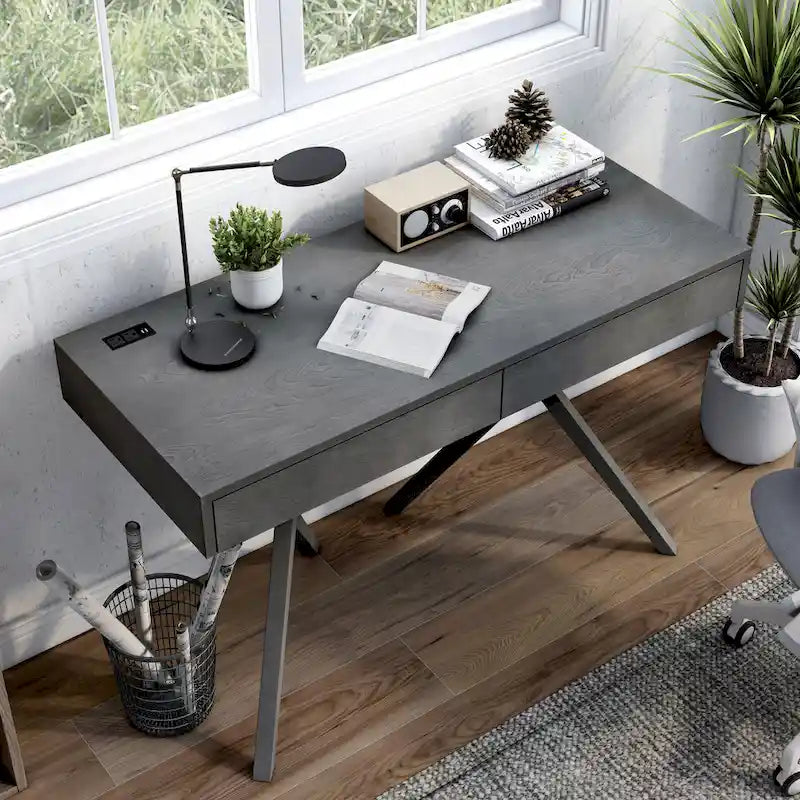 Foli Transitional 47-inch Wood 2-Drawer Desk with USBs and Power Outlets