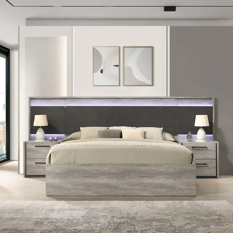 Roundhill Furniture Lenca LED Wallbed with Nightstands, Dresser, and Mirror - Weathered Gray