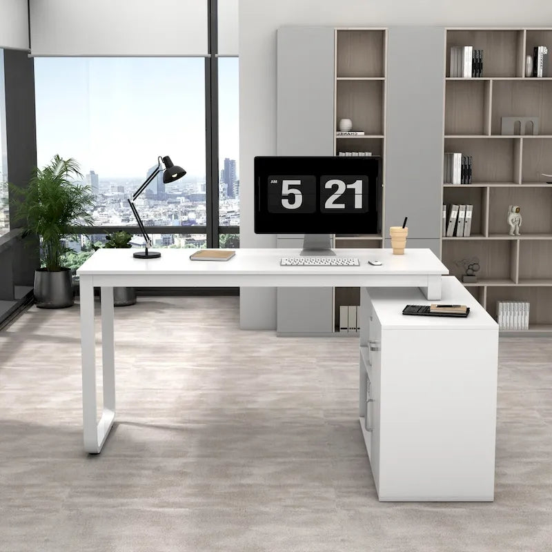 Timechee 55-inch L Shaped Office Computer Desk w/ Drawers Cabinet, White