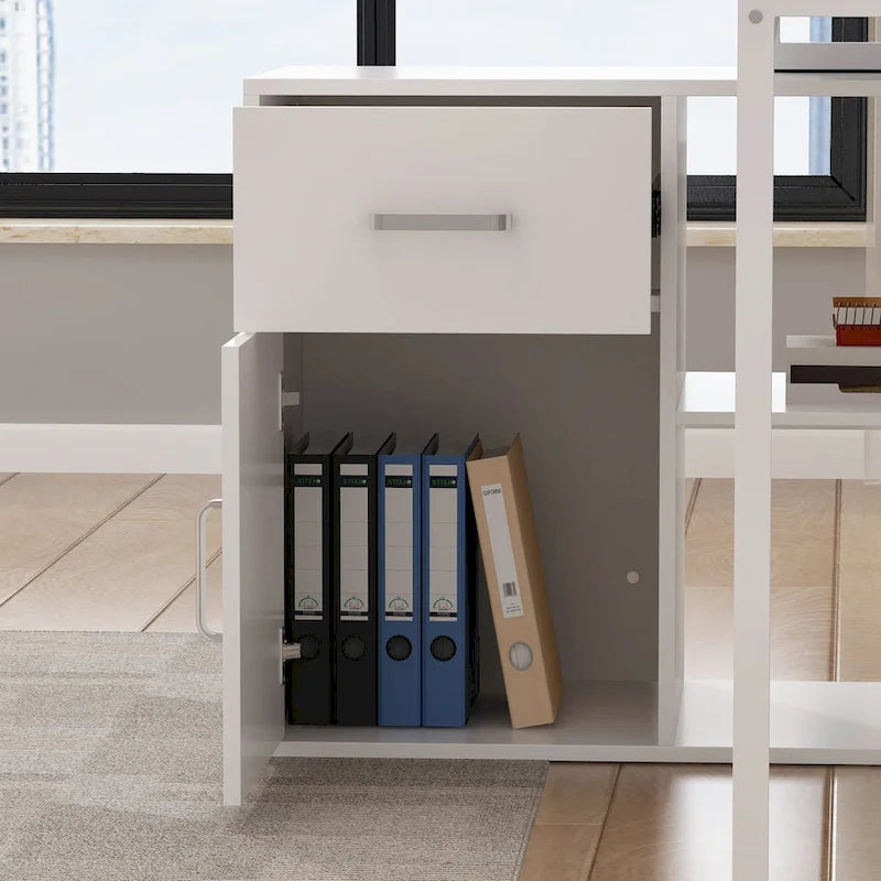 Timechee 55-inch L Shaped Office Computer Desk w/ Drawers Cabinet, White