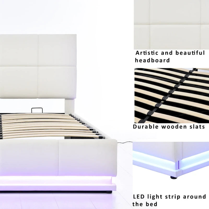 Tufted Upholstered Platform Bed with Hydraulic Storage System,Queen Size PU Storage Bed with LED Lights and USB charger