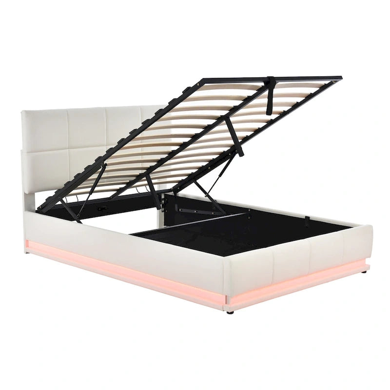 Tufted Upholstered Platform Bed with Hydraulic Storage System,Queen Size PU Storage Bed with LED Lights and USB charger