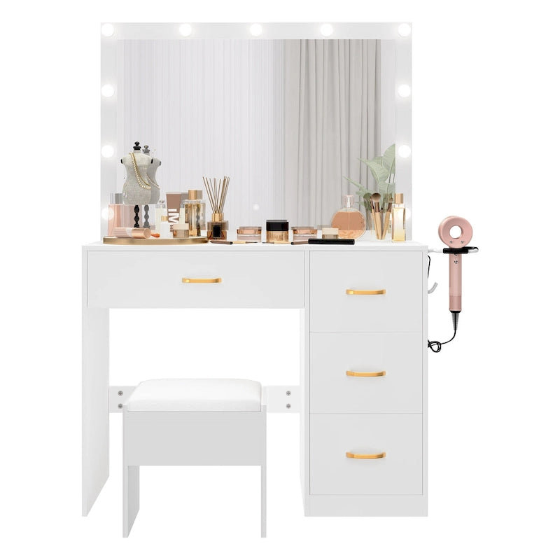 35.4 Mirror Makeup Vanity Table with Stool and Light Bulb - 35.4L x 15.7W x 53.5H