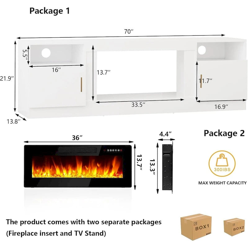70 Fireplace TV Stand with 36 Electric Fireplace, TV Stand for TVs Up to 80, 16 Colors LED Lights/Entertainment Center