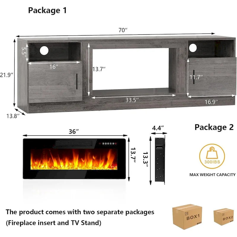 70 Fireplace TV Stand with 36 Electric Fireplace, TV Stand for TVs Up to 80, 16 Colors LED Lights/Entertainment Center