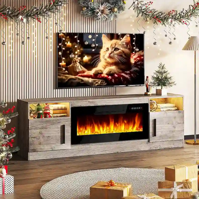 70 Fireplace TV Stand with 36 Electric Fireplace, TV Stand for TVs Up to 80, 16 Colors LED Lights/Entertainment Center