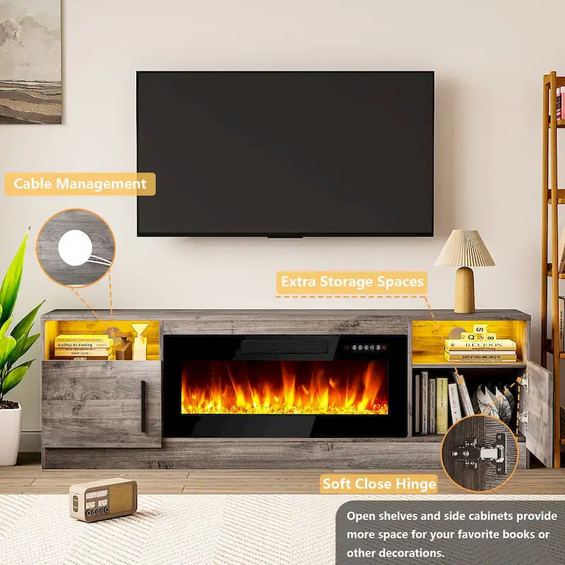 70 Fireplace TV Stand with 36 Electric Fireplace, TV Stand for TVs Up to 80, 16 Colors LED Lights/Entertainment Center