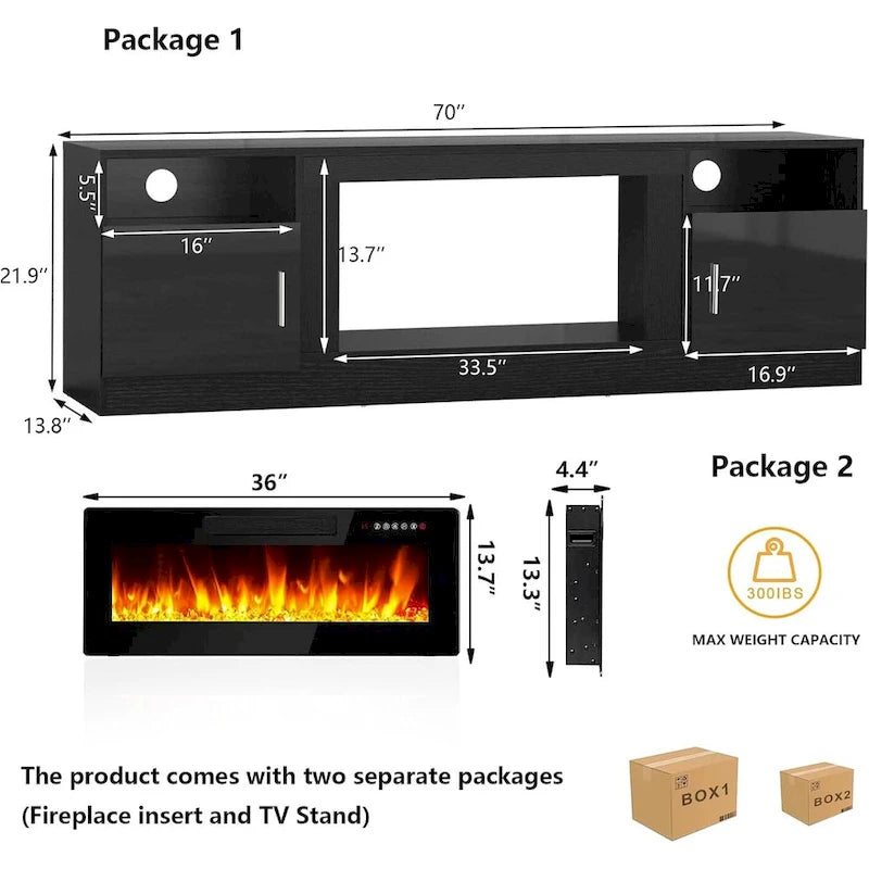 70 Fireplace TV Stand with 36 Electric Fireplace, TV Stand for TVs Up to 80, 16 Colors LED Lights/Entertainment Center