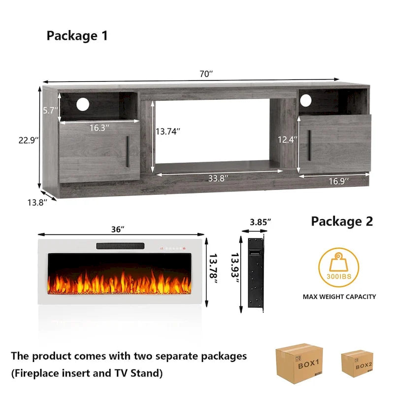 70 Fireplace TV Stand with 36 Electric Fireplace, TV Stand for TVs Up to 80, 16 Colors LED Lights/Entertainment Center