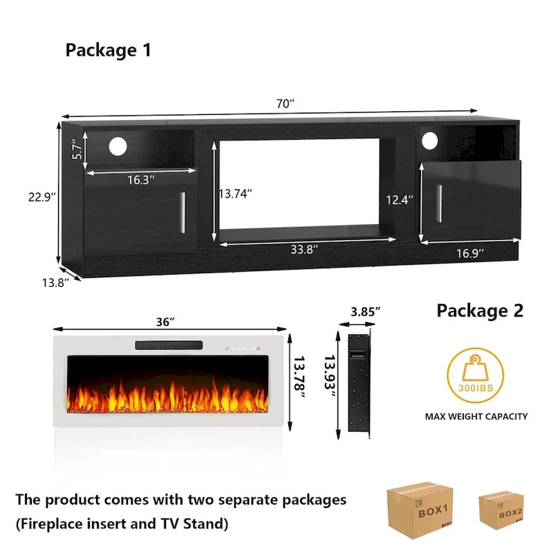 70 Fireplace TV Stand with 36 Electric Fireplace, TV Stand for TVs Up to 80, 16 Colors LED Lights/Entertainment Center