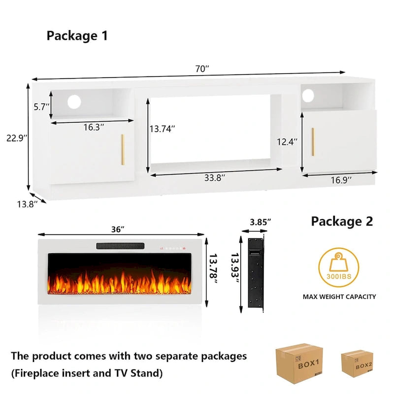 70 Fireplace TV Stand with 36 Electric Fireplace, TV Stand for TVs Up to 80, 16 Colors LED Lights/Entertainment Center
