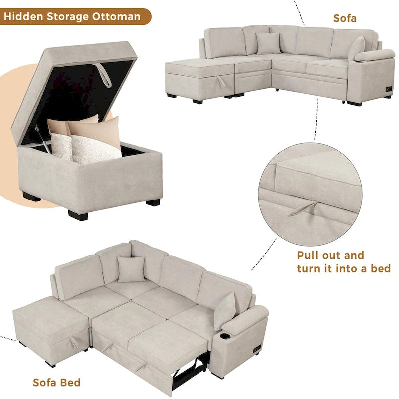 87.4 Sleeper Sofa Bed,2 in 1 Pull Out sofa bed L Shape Couch with Storage Ottoman for Living Room,Bedroom Couch and Small Apart