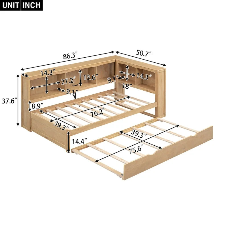 Twin Size Daybed with Trundle, Storage Cabinets and USB Ports, White