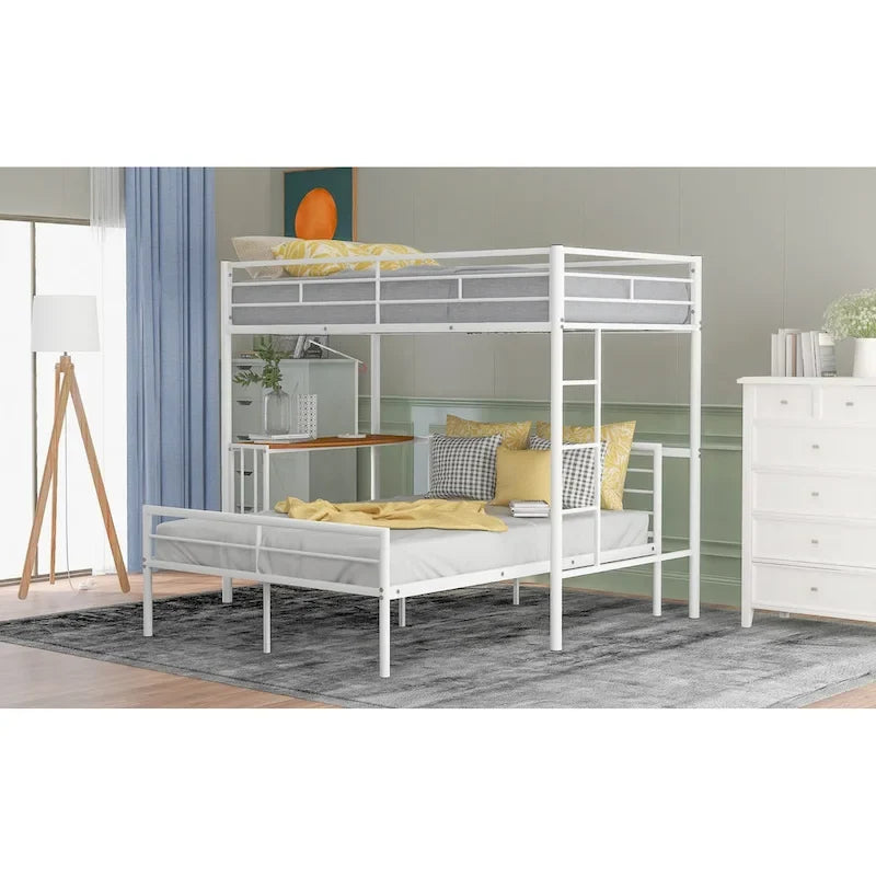 Twin Over Full Metal Bunk Bed with Desk, Ladder and Quality Slats for Bedroom, Metallic White_OLD SKU :LP000092AAK_