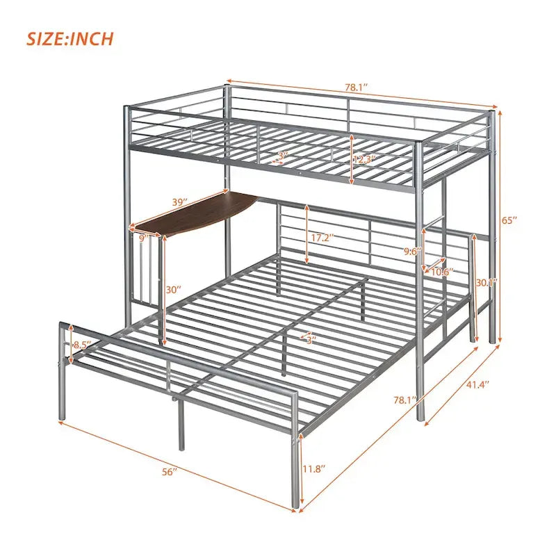 Twin Over Full Metal Bunk Bed with Desk, Ladder and Quality Slats for Bedroom, Metallic White_OLD SKU :LP000092AAK_