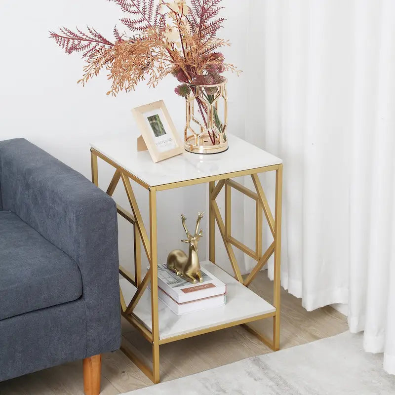 Sintered Stone End Coffee Table 2 Tier Side Table With Storage Shelf - 15.75x15.75x22.83 inch
