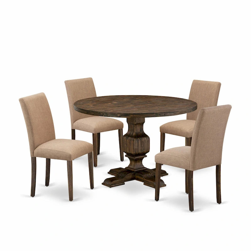 Dining Table Set- a Round Kitchen Table and Light Sable Parsons Chairs, Distressed Jacobean (Pieces Option)