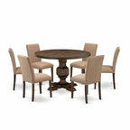 Dining Table Set- a Round Kitchen Table and Light Sable Parsons Chairs, Distressed Jacobean (Pieces Option)