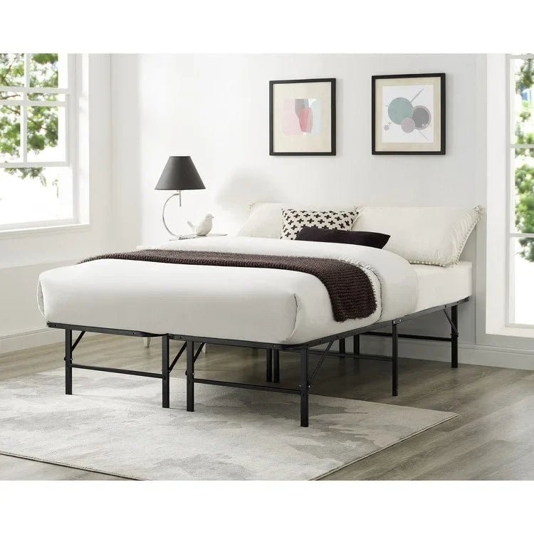 14 Foldable Metal Platform Bed Frame Mattress Foundation with Box Spring Replacement