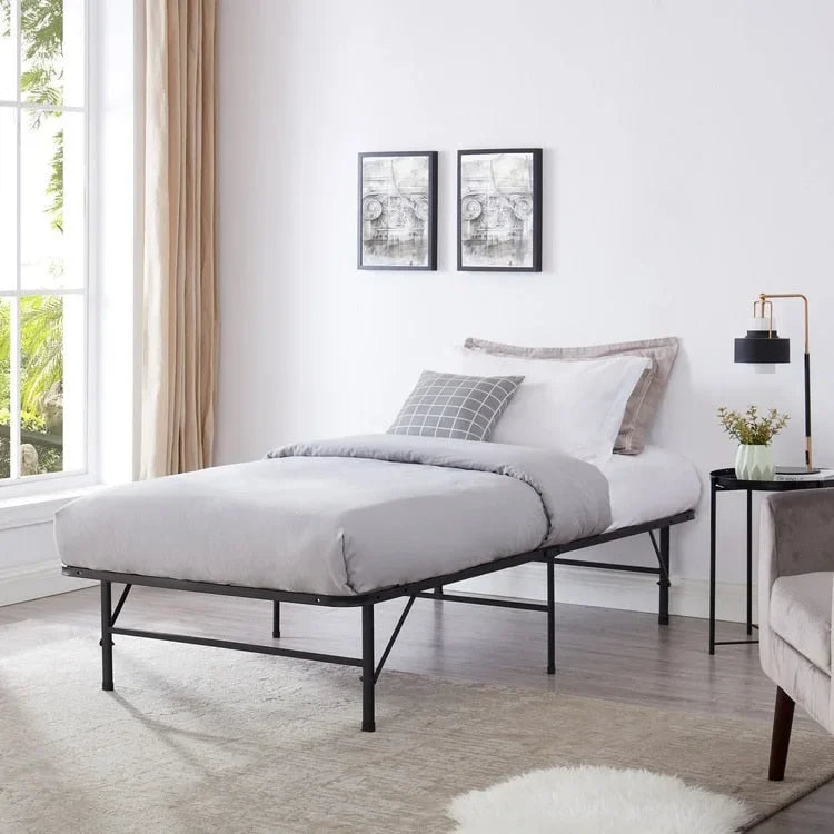 14 Foldable Metal Platform Bed Frame Mattress Foundation with Box Spring Replacement