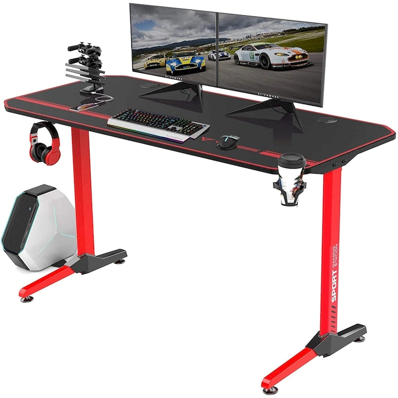 Ergonomic Gaming Desk T-Shaped Office PC Computer Desk with Full Desk Mouse Pad, Handle Rack, Cup Holder Headphone Hook