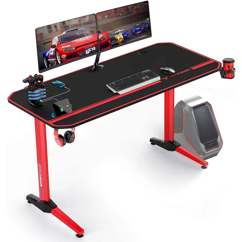 Ergonomic Gaming Desk T-Shaped Office PC Computer Desk with Full Desk Mouse Pad, Handle Rack, Cup Holder Headphone Hook