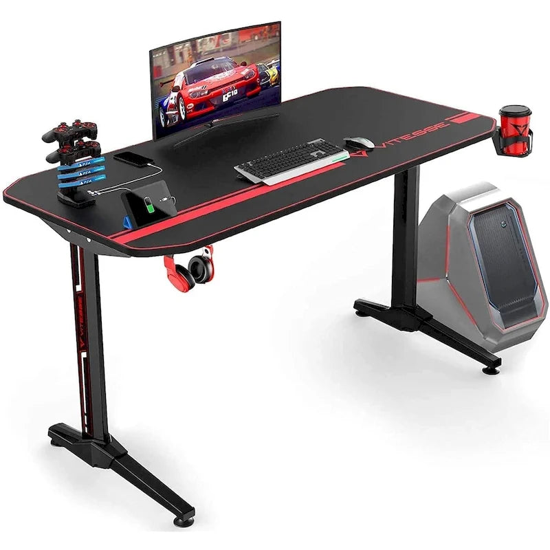 Ergonomic Gaming Desk T-Shaped Office PC Computer Desk with Full Desk Mouse Pad, Handle Rack, Cup Holder Headphone Hook
