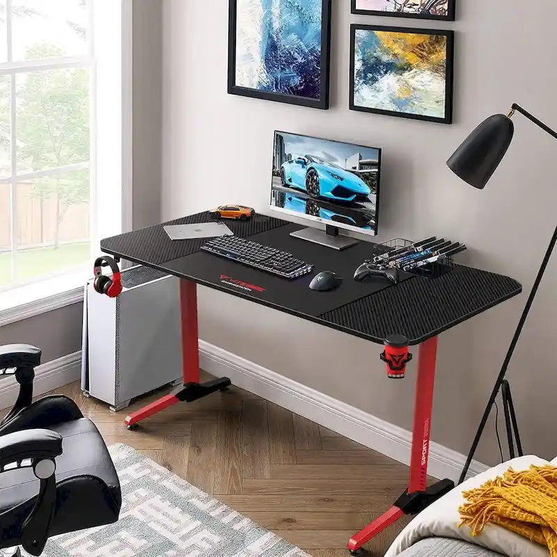 Ergonomic Gaming Desk T-Shaped Office PC Computer Desk with Full Desk Mouse Pad, Handle Rack, Cup Holder Headphone Hook