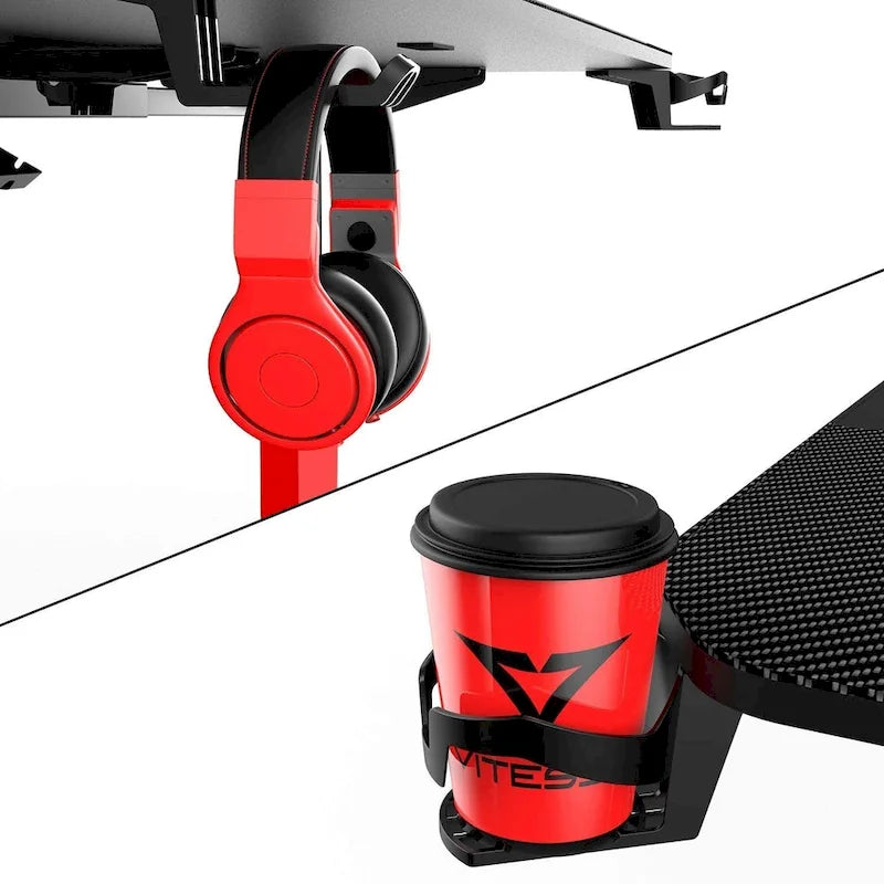Ergonomic Gaming Desk T-Shaped Office PC Computer Desk with Full Desk Mouse Pad, Handle Rack, Cup Holder Headphone Hook