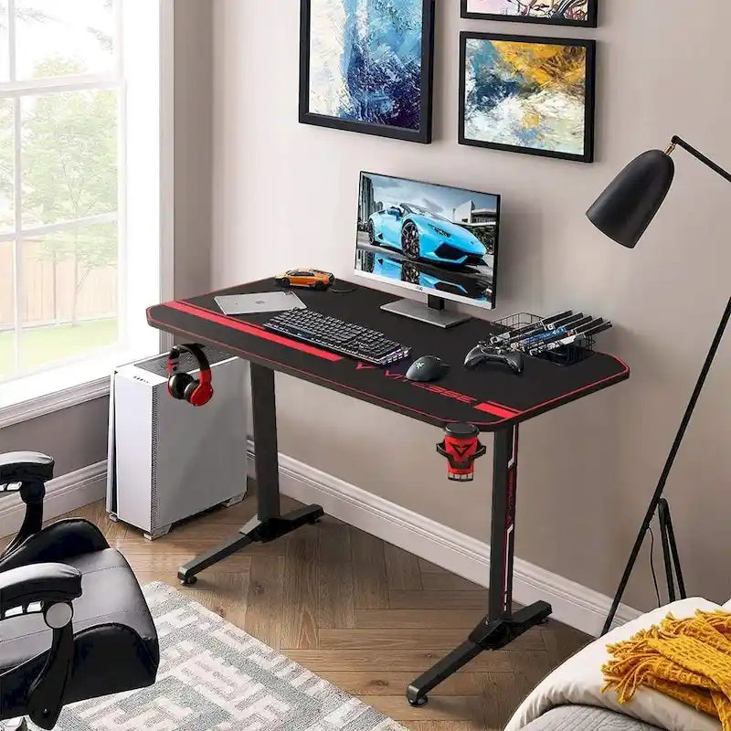 Ergonomic Gaming Desk T-Shaped Office PC Computer Desk with Full Desk Mouse Pad, Handle Rack, Cup Holder Headphone Hook