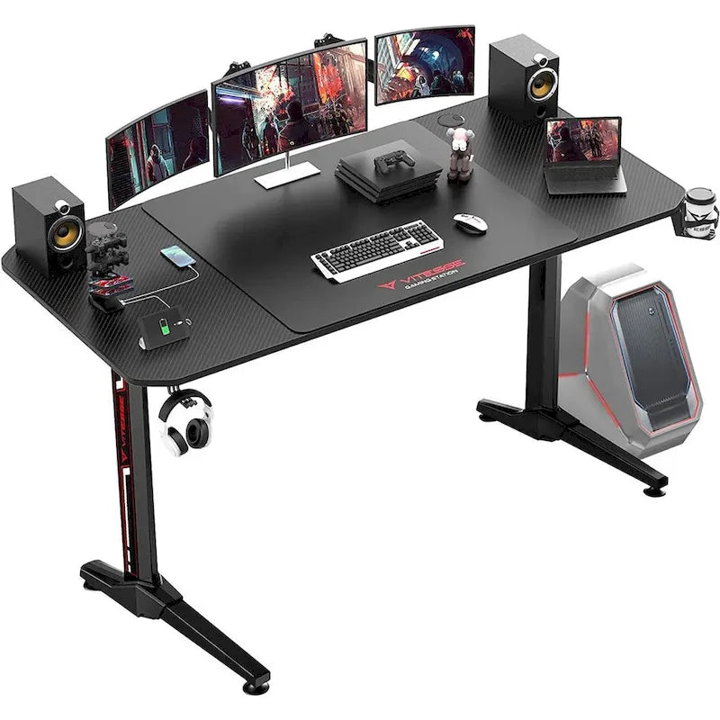 Ergonomic Gaming Desk T-Shaped Office PC Computer Desk with Full Desk Mouse Pad, Handle Rack, Cup Holder Headphone Hook