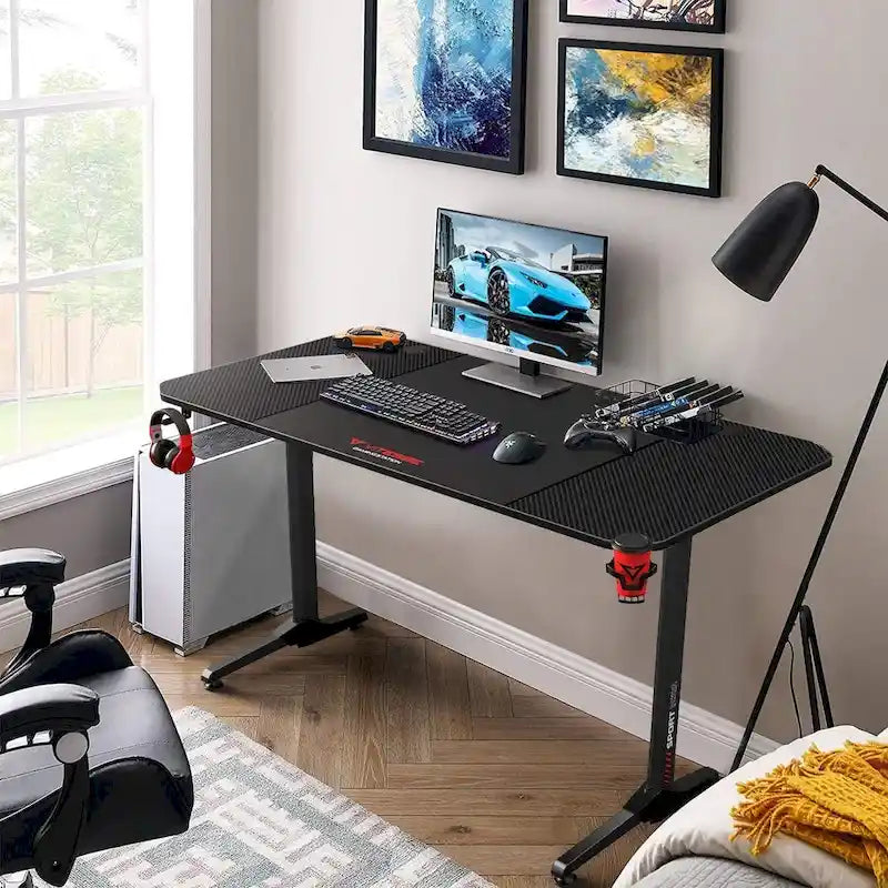 Ergonomic Gaming Desk T-Shaped Office PC Computer Desk with Full Desk Mouse Pad, Handle Rack, Cup Holder Headphone Hook