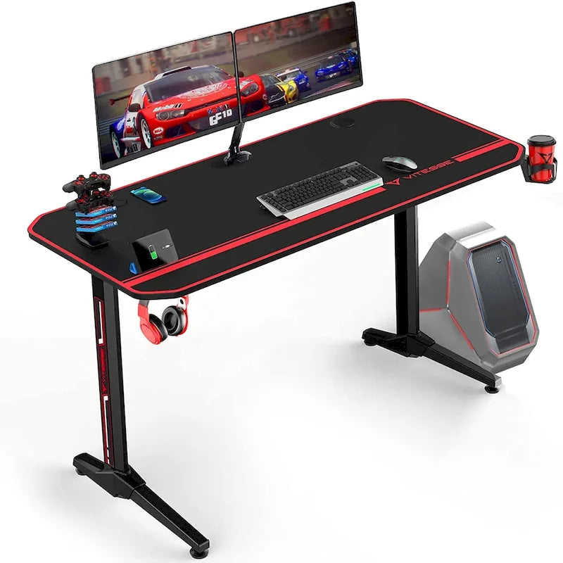 Ergonomic Gaming Desk T-Shaped Office PC Computer Desk with Full Desk Mouse Pad, Handle Rack, Cup Holder Headphone Hook