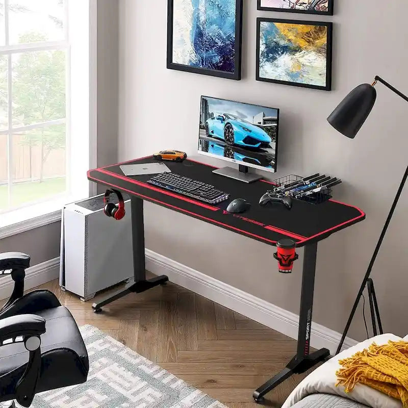 Ergonomic Gaming Desk T-Shaped Office PC Computer Desk with Full Desk Mouse Pad, Handle Rack, Cup Holder Headphone Hook