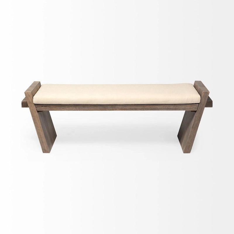 Elaine I Cream Fabric Seat w/ Brown Wood Entryway Bench - 58W x 15D x 20H