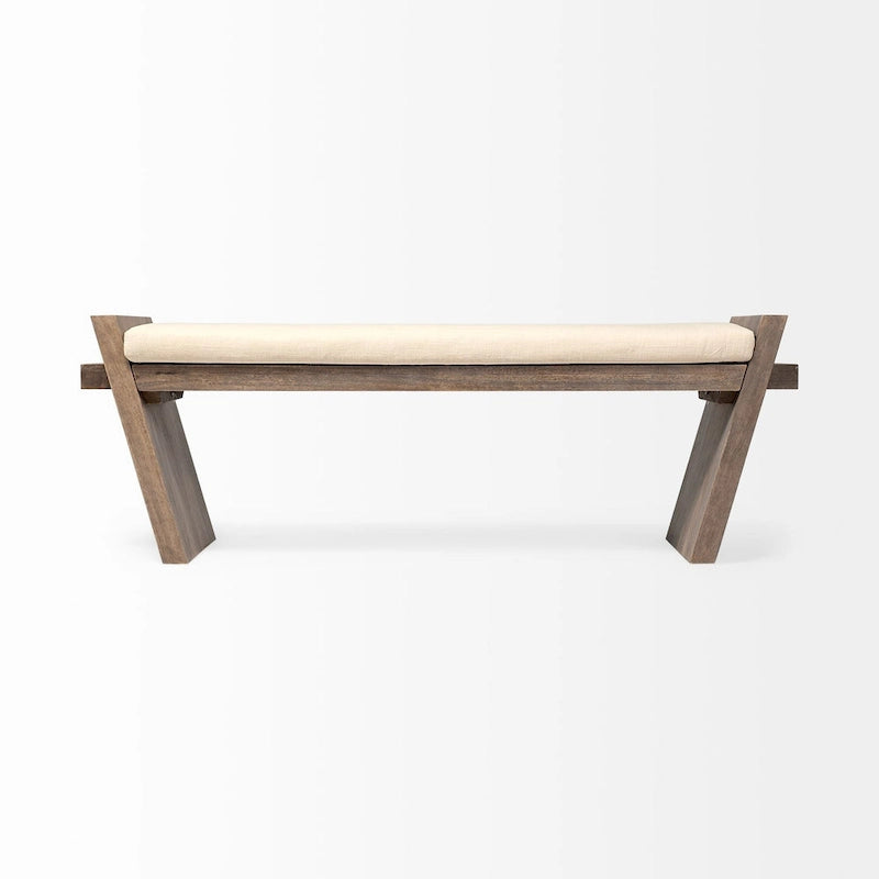 Elaine I Cream Fabric Seat w/ Brown Wood Entryway Bench - 58W x 15D x 20H
