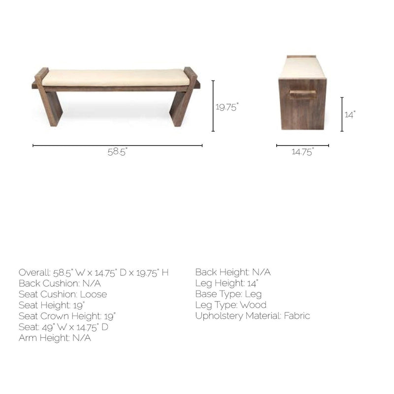 Elaine I Cream Fabric Seat w/ Brown Wood Entryway Bench - 58W x 15D x 20H
